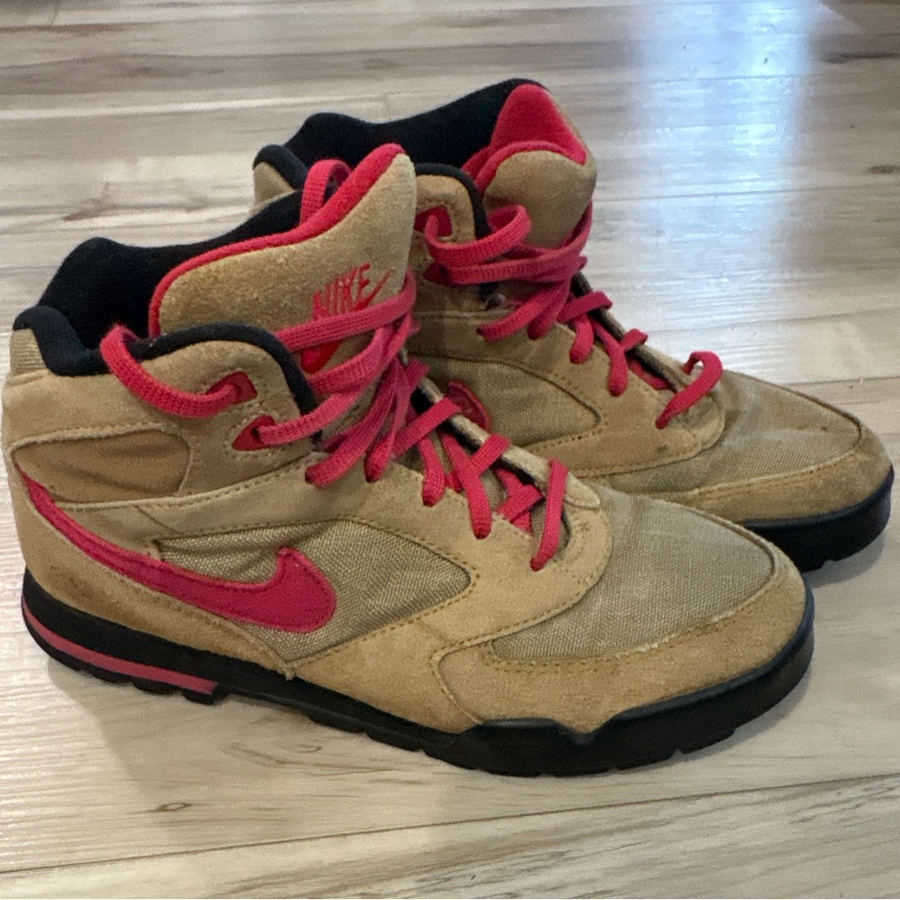 Nike Kids Tan Suede High-Top Sneakers with Pink Accents